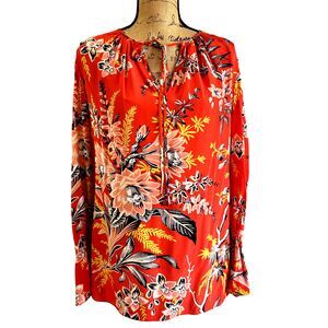 Diane Von Furstenberg Red Floral Silk Blouse SZ 8 Long Sleeve Tunic Side Slits